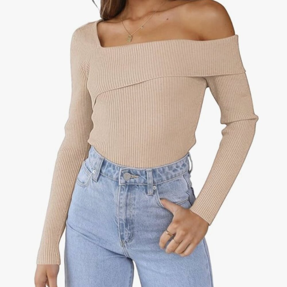 Womens Off-Shoulder Fall Sweater XS Apricot